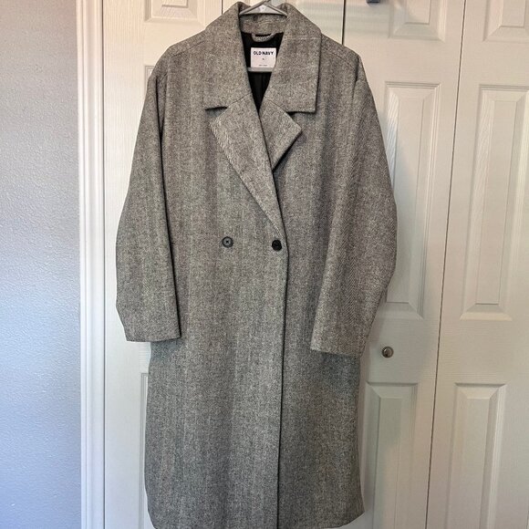 Women's Old Navy Slouchy Gray Herringbone Long Coat XL - Picture 1 of 11